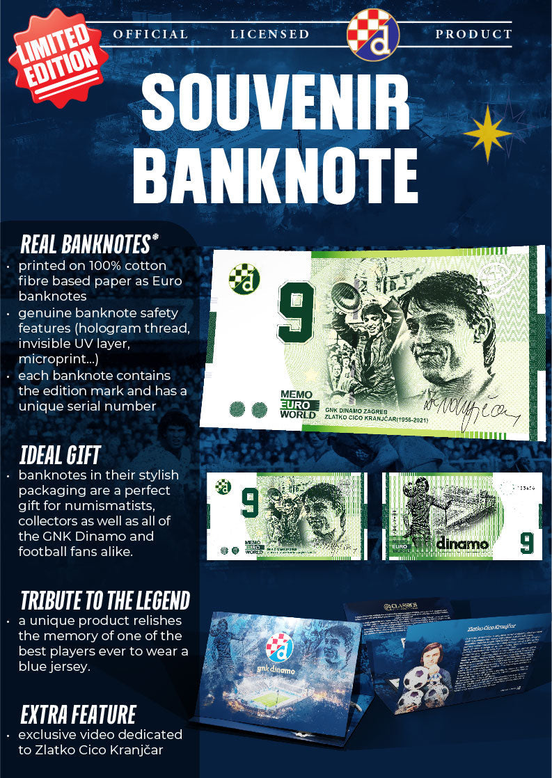 Souvenir banknote with packaging and features on a stadium background